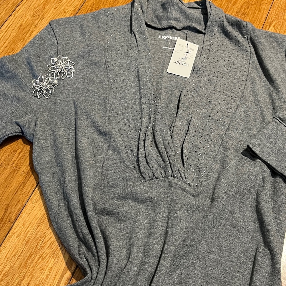 Express Charcoal Women's Cowl Neck Knit Top with Sparkly Details